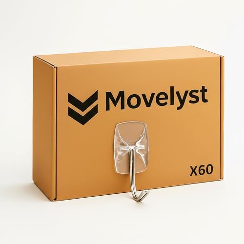 MOVELYST 60 Small Hooks+80 Removable Strips, Clear Wire Hanger Hooks, Damage-Free Utility Hooks, Heavy Duty with Adhesive Strips, No Tools Wall Hook for Hanging, Value Pack - size: Small, style: Clear-60+80
