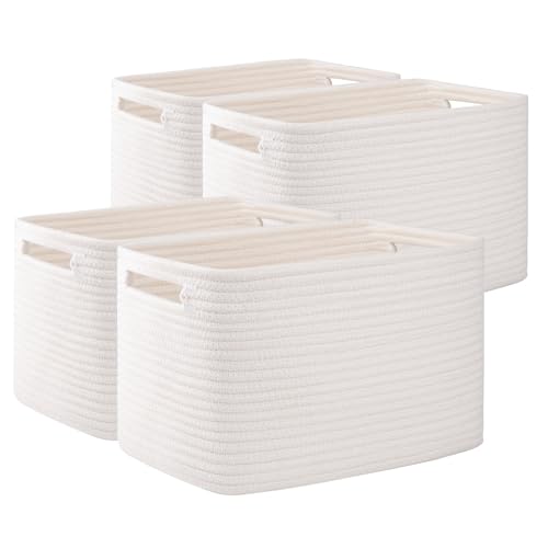 OIAHOMY 4 Pack Storage Baskets for Organizing, Cube Storage Bins for Shelves, Rectangle Storage Baskets With Handles, Woven Baskets for Storage, 16''Lx12''Wx8''H, White - color: White, size: 16x12x8inch