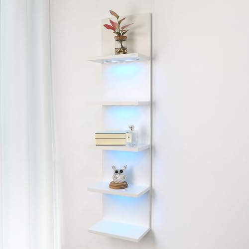 5 Tier Wall Shelf Unit, RGB Lack Shelf, Vanity Shelves with Light,White Shelves for Room,Office,Bathroom,Remote Control - color: 5 Tier Rgb White