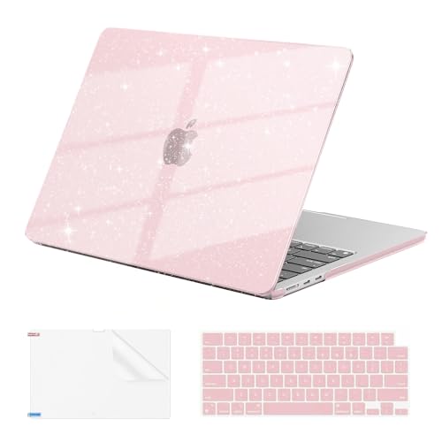 EooCoo Case Compatible with MacBook Air 13 inch M5 2026-2022 Release M4 M3 M2 A3449 A3240 A3113 A2681, Glitter Hard Shell&Keyboard Skin Cover&Screen Protector for Mac Air 13.6 inch, Sparkly Baby Pink - color: Glitter Baby Pink