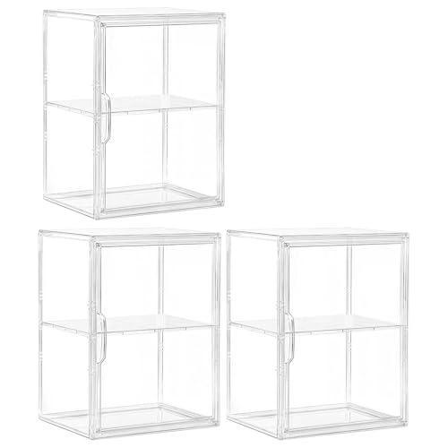 Large Clear Acrylic Figure Display Case for Collectibles 3 Pack | Adjustable Divider, Magnetic Door, Crystal Clear View, Easy to Clean, Dustproof, Easy Assemble, for Tall Skincare Bottles - size: Large 3 pack