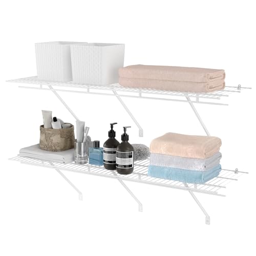 HAUSHOF Closet Shelves Wall Mounted 2-Pack, 4ft x 16in White Metal Wire Shelving for Laundry Room, Closet, Basement Organization and Storage - size: 4ft x 16in