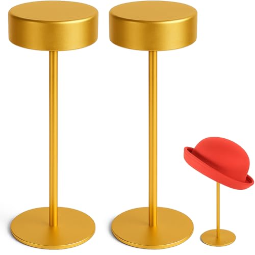 exquis Metal Hat Stand for Desk or Shelf, Hat Display Holder for Caps, Fedoras & Cowboy Hats, Stable Desktop Hat Rack, Golden (2 Pack)