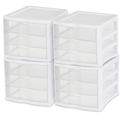 Sterilite 4-Pack 3 Drawer Unit, Stackable Plastic Organizer with Drawers, White Frame - Multi-Purpose Countertop Storage Containers for Office Supplies, Craft Rooms, Classrooms and Home Organization
