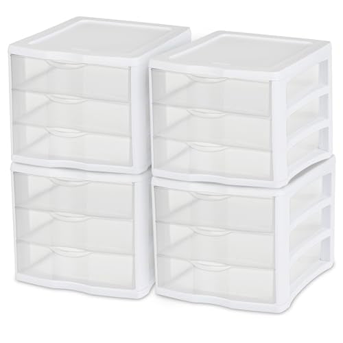 Sterilite 4-Pack 3 Drawer Unit, Stackable Plastic Organizer with Drawers, White Frame - Multi-Purpose Countertop Storage Containers for Office Supplies, Craft Rooms, Classrooms and Home Organization