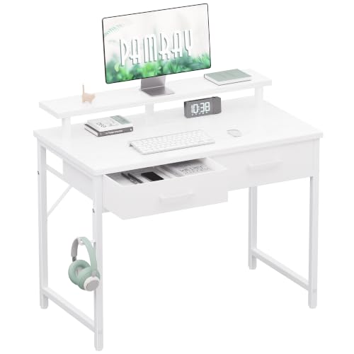 Pamray 32 Inch Small Computer Desk with Monitor Stand Home Office Desks with 2 Drawers for Bedroom Study Writing and Work Table for Small Spaces White - color: White