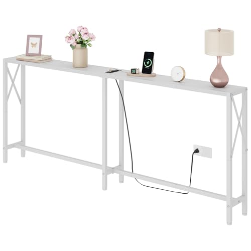 Gewudraw 70 in Skinny Sofa Table Behind Couch, Console Table with Oulets & USB Ports for Hallway, Entryway,Living Room, Bedroom, White | Industrial Style, Long Skinny Design, Hallway & Living Room, Built-In Power Outlets, 172cm Length - color: White, size