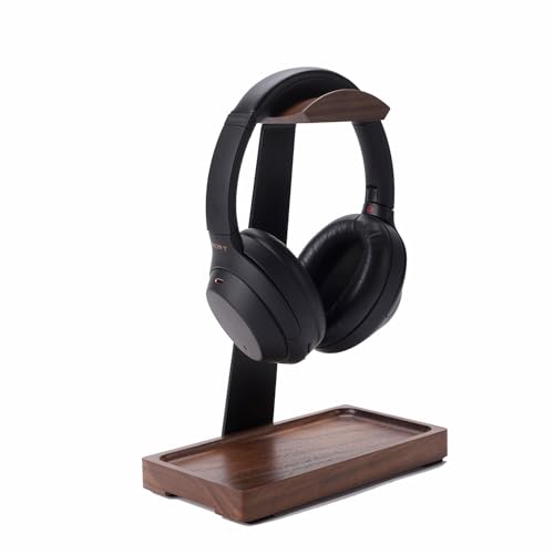 Walnut Headphone Stand, Wooden Headset Stand for Desk, Wood Gaming Headphone Holder with Storage Base for Airpod max, Bose, Razer, Sennheiser, Jabra, JBL, AKG, Vintage Gift for Men, Black - color: Black