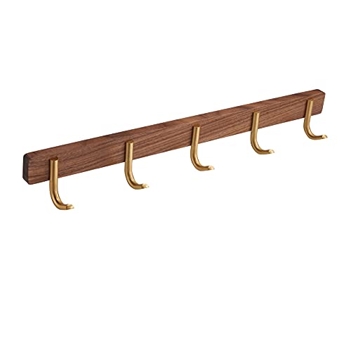 Wall Mounted Coat Rack, Entryway Hanging Rack with Rustic Hooks for Coat, Scarf, Bag, Towel, Key, Cap, Hat - Walnut Gold Matt (5 Hooks - J Shape) - size: 5 Hooks - J Shape