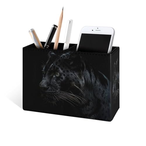Famame Black Leopard Pencil Holder for Desk, Leather Desktop Container Pen Cup Storage Study Table Pen Organizer Makeup Brush Holder for Classroom Office Home - color: Black Leopard