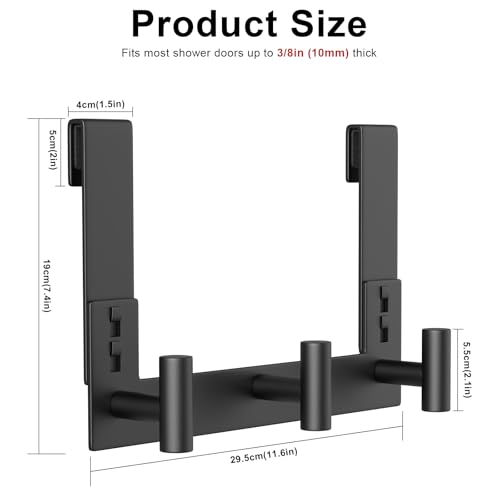 PMMASTO No-Drill Extra Long Shower Hooks, Fits 3/8" Thick Door, Heavy Duty Stainless Steel Towel Hooks for Frameless Glass Shower Door, Holds Bathrobe Towel (Black, 3 T-Hooks) - color: Black, size: 7.5 Inch-3 T-Hooks, Fits 3/8" Thick Door
