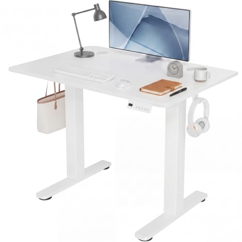 Claiks Electric Standing Desk 35 x 20 Inches, Compact Adjustable Height Motorized Sit Stand Desk with 3 Memory Presets & Cable Management, Space-Saving Computer Workstation for Bedroom, White - color: White, size: 35 Inch