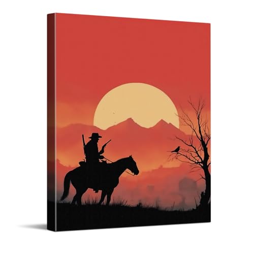 WOXZQ Western Cowboy and Frontier Town Sunset Wrapped Canvas Print – 12x15 Inch Silhouette Wall Art – Wild West Poster for Gaming Room Bedroom Man Cave Decor - color: Rider at sundown