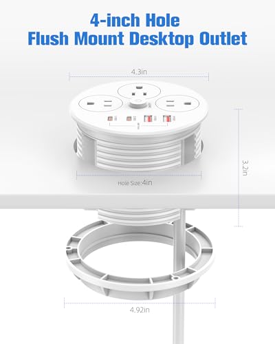 Desktop Power Grommet with 100W USB C, Double-Side Recessed Charging Station Plug in 5AC Outlets & 4 USB Ports, 4-Inch Hole Furniture Flush Mount for Countertop White - color: White