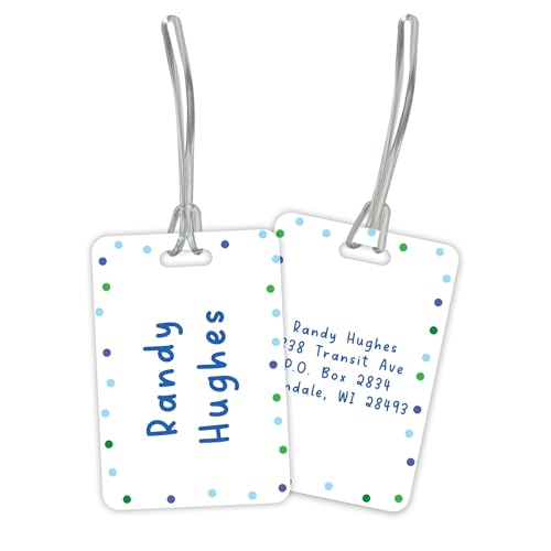 Personalized Blue Polka Dot Luggage Tag / 2.75" x 4" Custom Abstract Bag Tag/Double Sided Durable Plastic Luggage Tag with Plastic Strap/Made in The USA - style: Blue Dots