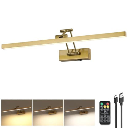5W LED Wireless Picture Lights with Remote and Timer 23.6'' Inch Rechargeable Brass Gallery Lighting Battery Operated Art Lights Over Frame Portrait - color: Battery Operated Brass, size: 23.6 inch