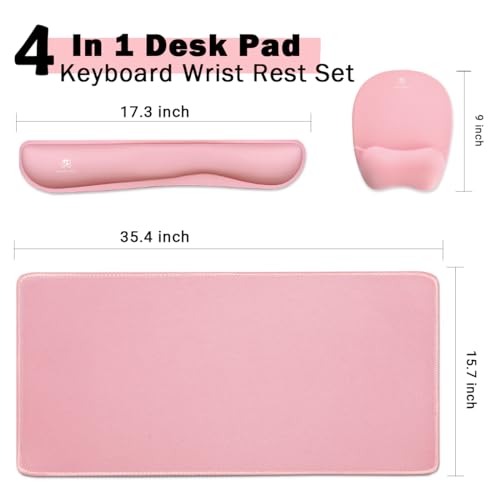 Keyboard Wrist Rest Large Mouse Pad Wrist Support for Computer, 4 in 1 Memory Foam Keyboard Pad Desk Mat Ergonomic Hand Rest Wrist Cushion for Home Office Gaming-Pink - color: Pink