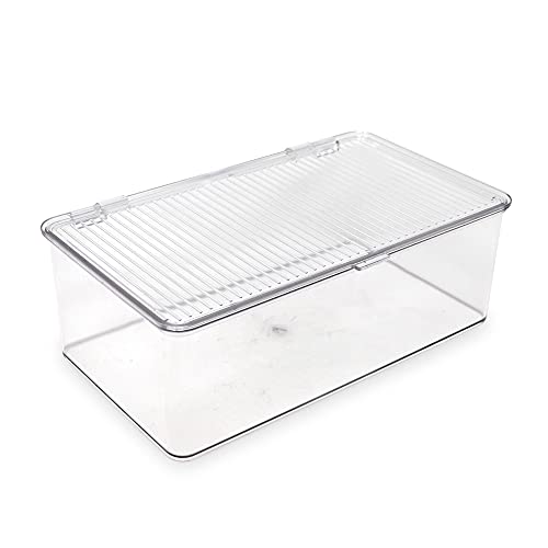 Isaac Jacobs Medium Stackable Organizer Bin (10.75”x6.5”x3.7”) w/ Hinged Lid, Clear Storage Box, Home, Office, School, Fridge, Bathroom, Kitchen, Pantry Container, BPA-Free, Food Safe (Medium, Clear) - size: Medium
