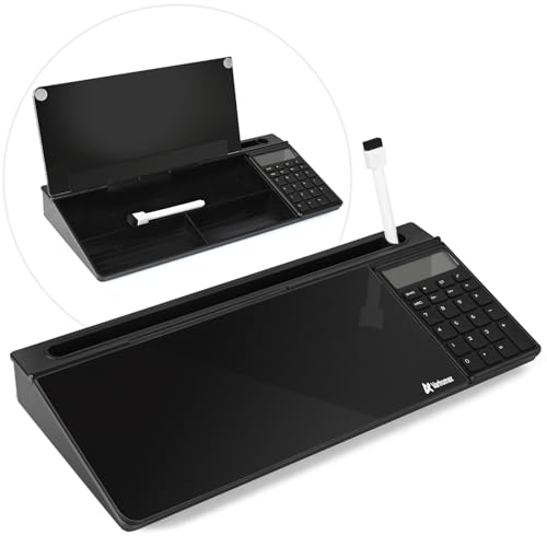 Varhomax Glass Desk Whiteboard Gray with Calculator, Desktop Organizer Dry Erase White Board with Storage, to Do List Memo Notepad for Home Office and School Supplies - color: Calculator-black