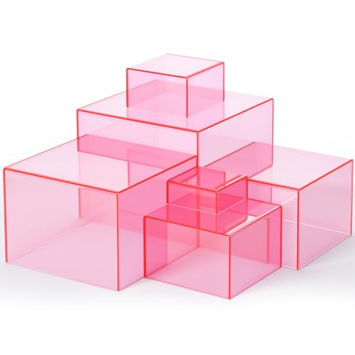 Geelin 6 Pack Acrylic Risers for Display Acrylic Cube Boxes Risers Display Stands with Hollow Bottoms Decorative Stand for Jewelry Candy Table Decor 6 Sizes(Clear Pink,3 to 8 Inch,Square) - color: Clear Pink, size: 3 to 8 Inch, style: Square