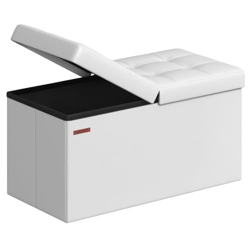SONGMICS MAZIE Collection - 30 Inches Storage Ottoman Bench with Flipping Lid, Storage Chest Footstool, Load 660 lb, for Entryway, Living Room, Bedroom, Synthetic Leather, White ULSF45WT - color: White, size: 15"D x 30"W x 15"H