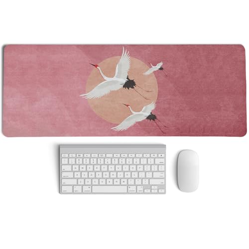 Retro Chinese Style Mouse Pad,Vintage Japanese Style Desk Pad,XL Large China Red Crowned Crane Laptop Desk Mat,Girly Pink Gaming Computer Pads,Girly Desk Mat For Home Office Dorm,31.5x11.8Inch - color: Chinoiserie Red XL