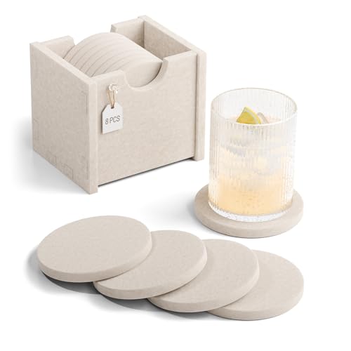 Fluxynara Felt Coasters for Drinks, Set of 8 Absorbent Coasters with Holder, Heat-Resistant & Reusable Round Design for Coffee Table & Living Room, 3.94 Inch, Oatmeal - color: Oatmeal, size: Round - 8 Count