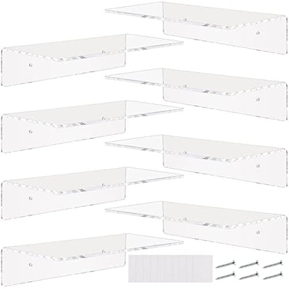 Vinsot 8 Pack Acrylic Floating Shelves 12 Inch Clear Acrylic Wall Display 4 mm Thick Invisible Book Shelves for Bedroom Living Room Bathroom Office Wall