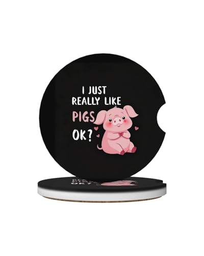Car Cup Holder Coasters, 2 Pcs Ceramic Coasters with Finger Slot and Cork Back, Anti-Slip Shock Absorbing Women and Men Universal Car Accessories - Pigs - color: Pigs