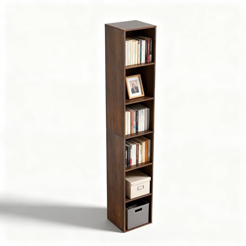 6 Cube Storage Organizer, Narrow Open Shelf Bookcase, Freestanding 6 Tier Low Display Bookshelf for Home Office, Living Room, Bedroom, Dark Brown & Black Walnut - color: Dark Brown,black Walnut, size: 6-Cube
