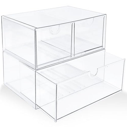 Prsildan Acrylic Drawer Makeup Organizer with 3 Drawers, Clear Stackable Storage for Baby Bottles, Craft, Jewelry & Hair Accessories, Multi-Use for Vanity, Countertop, Office Desk Organization - style: 3 Drawers