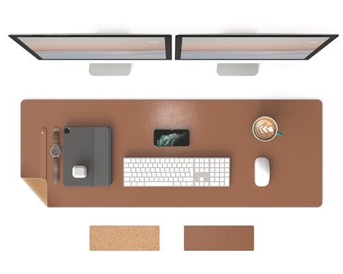 RENMTURE Dual-Sided Mouse Pad, Natural Cork & PU Leather Large Desk Pad for Office and Home Work, Desk Protector Non-Slip, Waterproof, Easy Clean (Brown,47"x17") - color: Brown, size: 47"x17"