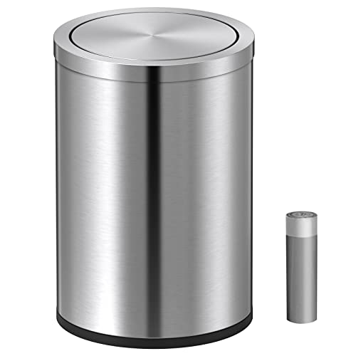 Mbillion Small Trash Can with Swing Lid 2.4 Gallons/9 Liter, Mini Trash Can with lid, Stainless Steel Cylindrical Garbage Can for Home and Office, for Ground and Desktop(Brushed Silver) - color: Brushed Silver 9L, size: 9 Liter