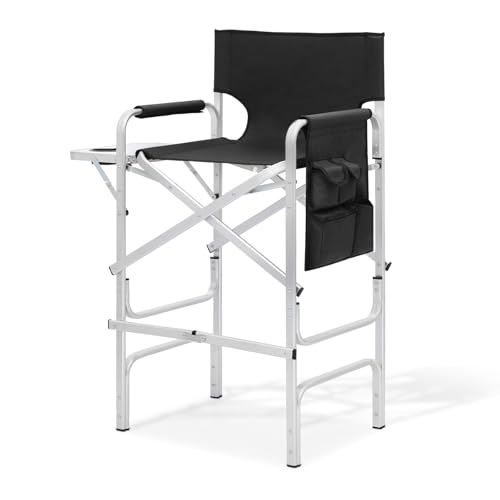 MoNiBloom 44.5'' Tall Makeup Artist Director Chair, Foldable Portable Aluminum Frame Folding Chair with Side Table, Cup Holder and Storage Pockets, 250 lbs Capacity, Black - color: Black, size: 23.5" x 17" x 44.5" (1 Pack)