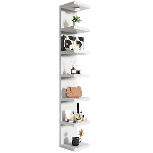 White 7-Tier Vertical Wall Shelf Unit with USB Rechargeable Led Light (Remote Controlled),Versatile Floating Display Shelves,Lack Style Wall Shelves for Bedroom,Living Room,Office Decor,Vanity - color: White, size: 7 Tier