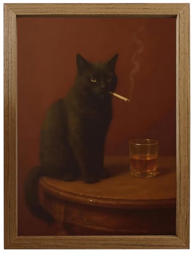 Framed Funny Black Cat Wall Art, Vintage Dark Aesthetic Cat Wall Decor, Humorous Cool Animal Canvas Art Prints for Living Room Bedroom Bathroom Bar 12x16 Inch - color: xiyanmao, size: 16"L x 12"W