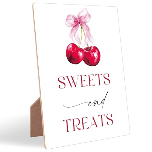 Cherry Wedding Signs for Reception, Pink Bow Favors Sweets and Treats Sign, Berry Wooden Wedding Signs with Stand, Pink Bow Bridal Shower Decoration, Bridal Shower Party Supplies for Reception, 13 - color: Wedding13