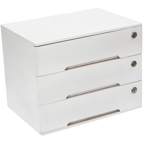 Wooden Desk Organizer with Drawers & Lock, Desktop Countertop Storage Cabinet Lockable Home Office Supplies File Tabletop Organizing Unit (3 Drawers - Modern White) - style: 3 Drawers - Modern White