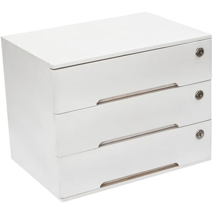 Wooden Desk Organizer with Drawers & Lock, Desktop Countertop Storage Cabinet Lockable Home Office Supplies File Tabletop Organizing Unit (3 Drawers - Modern White) - style: 3 Drawers - Modern White