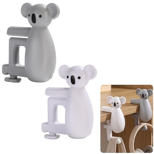 Cute Koala Purse Hook for Desk,22 Lbs Heavy Duty Bag Hanger for Table,No Drill Anti-Slip Desk Hook for Backpack&Headphones,Aesthetic Office Accessories Gifts for Women Girls (White & Grey (2-Pack)) - color: White & Grey (2-Pack)