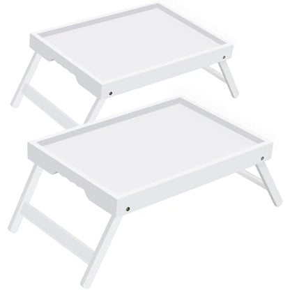 Large Breakfast Tray with Folding Legs Set of 2, 16.9" x 12.2" Bamboo Bed Tray Table with Ergonomic Wave Handles, Foldable TV Dinner Tray for Bed Couch Sofa, Breakfast, Laptop, Coffee,White - color: White, size: Large