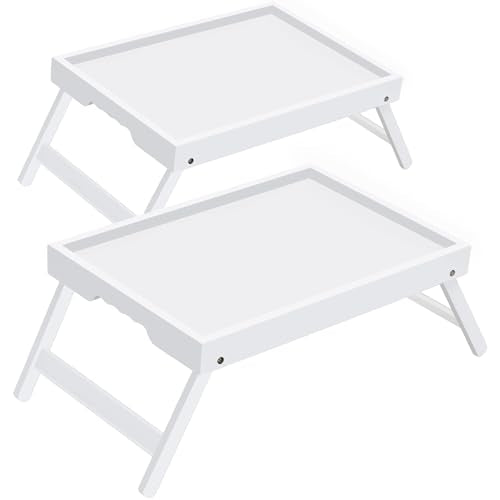 Breakfast Tray with Folding Legs Set of 2, Bamboo Bed Tray Table 15.7" Foldable TV Dinner Tray with Ergonomic Wave Handles for Bed Couch Sofa, Breakfast, Snacks, Coffee, White - color: White, size: Medium