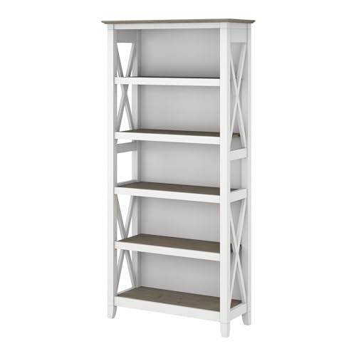 Bush Home Tall 5 Shelf Bookcase for Living Room or Home Office, Large Bookshelf, Modern Farmhouse Style, Key West Collection, Pure White and Shiplap Gray - color: Pure White and Shiplap Gray, size: 5 Shelf