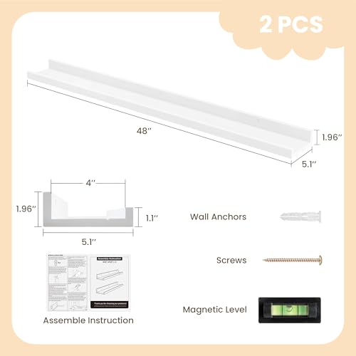 Fun Memories Picture Ledge Shelf, Pine Wood Floating Shelves Set of 2, 48 inch Nursery Book Shelves, Photo Ledge Book Shelves Wall Mounted for Living Room Kids' Room Bedroom - White - color: Usa-sourced Pine Wood White Finish, size: 48in
