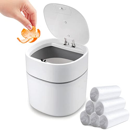 Mini Desk Trash Can with Lid with Trash Bags 180 pcs Press-Top 0.5 Gallon Tiny Countertop Waste Basket Small Table Top Plastic Covered Garbage Bin for Desk Top - color: White