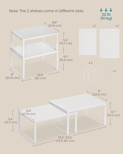SONGMICS Spice Racks, Set of 2 Metal Cabinet Shelf Organizers, Countertop Organizers, Shelf Risers, Stackable, Expandable, White UKCS01WT - color: White, size: 9"D x 12.6"W x 6.1"H + 8.6"D x 12.6"W x 5.4"H