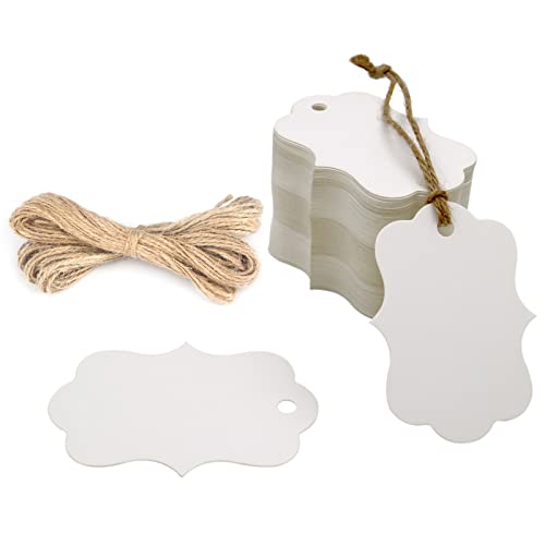 G2PLUS Blank Gift Tags with String, 100PCS White Paper Hang Tags, 2.8x2 in Hanging Price Tag, Wedding Favors Tag for Gift Wrapping, DIY Arts & Crafts, Christmas, Merchandise - color: White