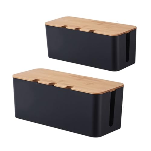 Cable Management Box with Bamboo Lid, Cord Organizer Box to Hide Wires & Power Strips, Extension Cord Power Stripe Surge Protector Wire Concealer Organizer Cover Hider (black-2pcs) - color: black-2pcs
