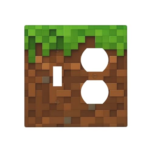 Pixel Style Gamer Themed Grass Block Wallplates 1 Toggle 1 Duplex Switch Plate Electrical GFCI Faceplate Decorative Light Switch Covers for Kids Room Office Home Decor - color: Pixel Miner Gamer Themed Grass Block, size: 1 Toggle 1 Duplex / 4.6 X 4.5 IN