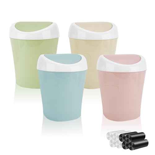 4 Pcs Plastic Mini Trash Can Wastebasket with 8 Rolls Trash Bags, Tiny Bathroom Trash Can with Swing lid, Small Countertop Waste Basket for Home Office Kitchen Vanity Tabletop